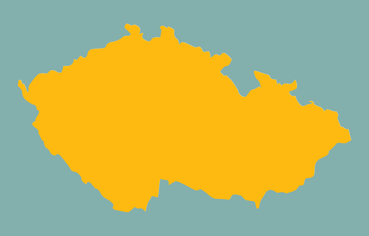 Yellow outline of the Czech Republic on a teal background